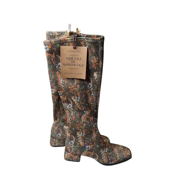 Chelsea & Violet Zayla Green Sparkle Floral Print Tall Boots NEW Retro Groovy 70 - Picture 11 of 14